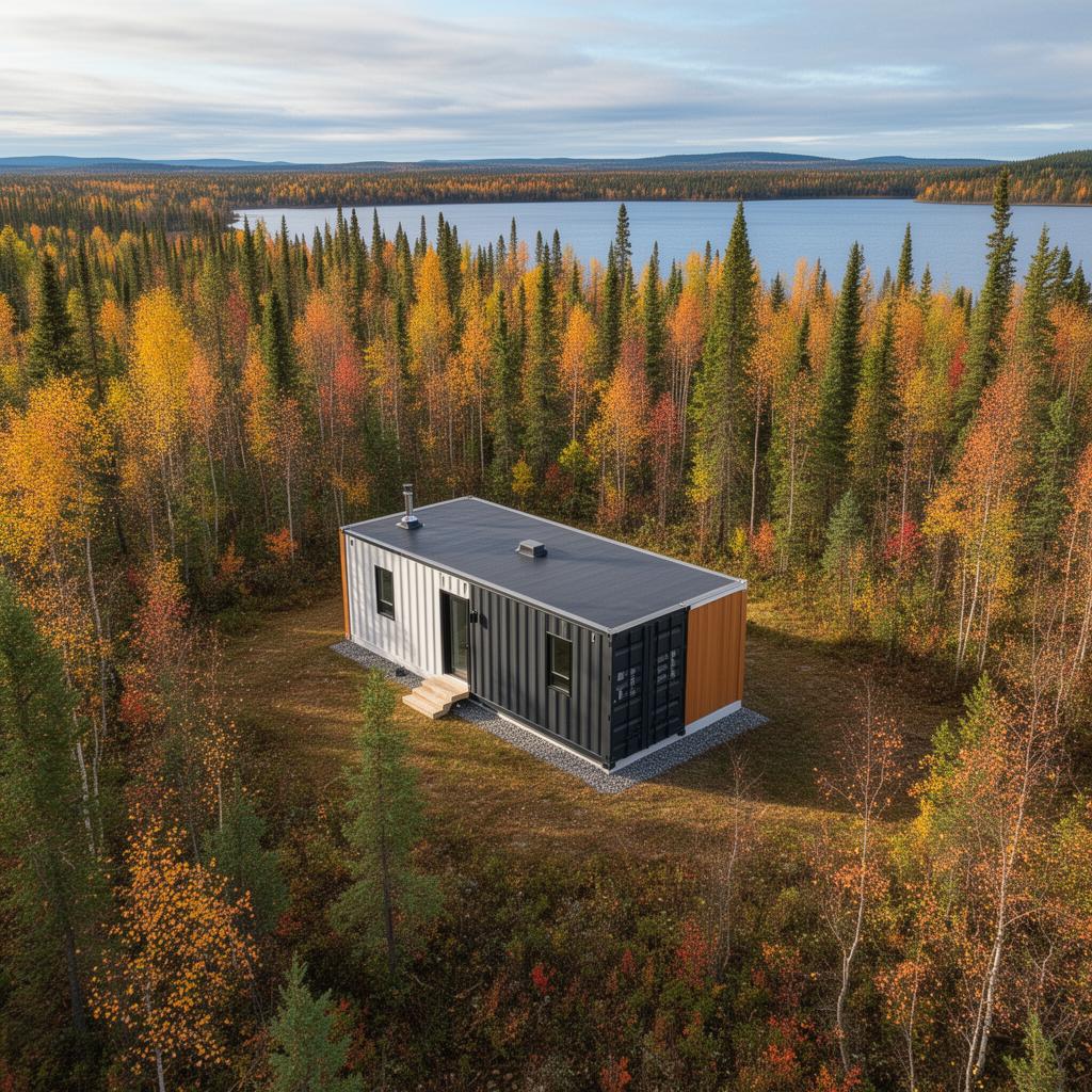 Aerial view of container home in Canadian landscape